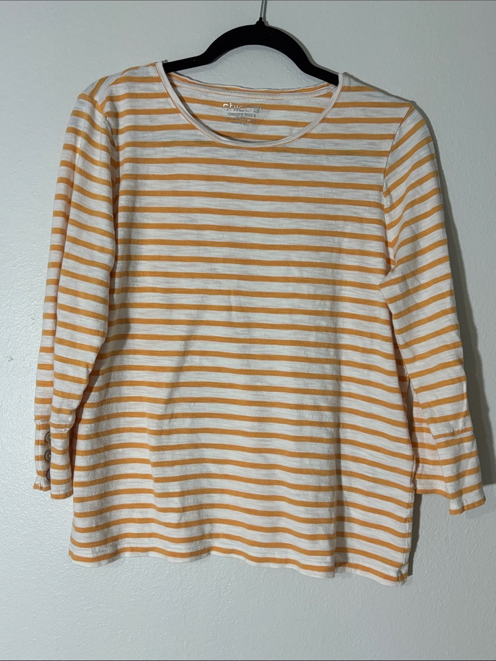 Chico’s Mustard Yellow and White Striped 3/4 sleeve